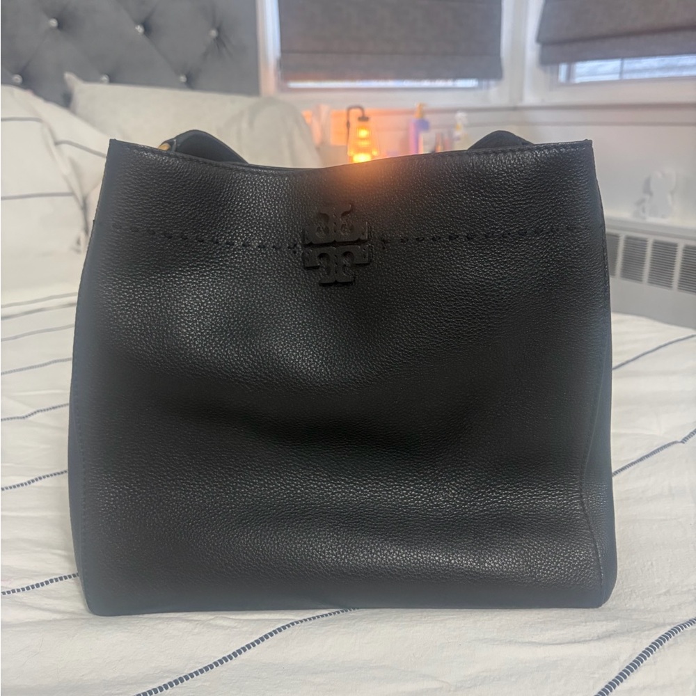 Tory Burch McGraw Black Pebbled Leather Tote Magnetic Closure